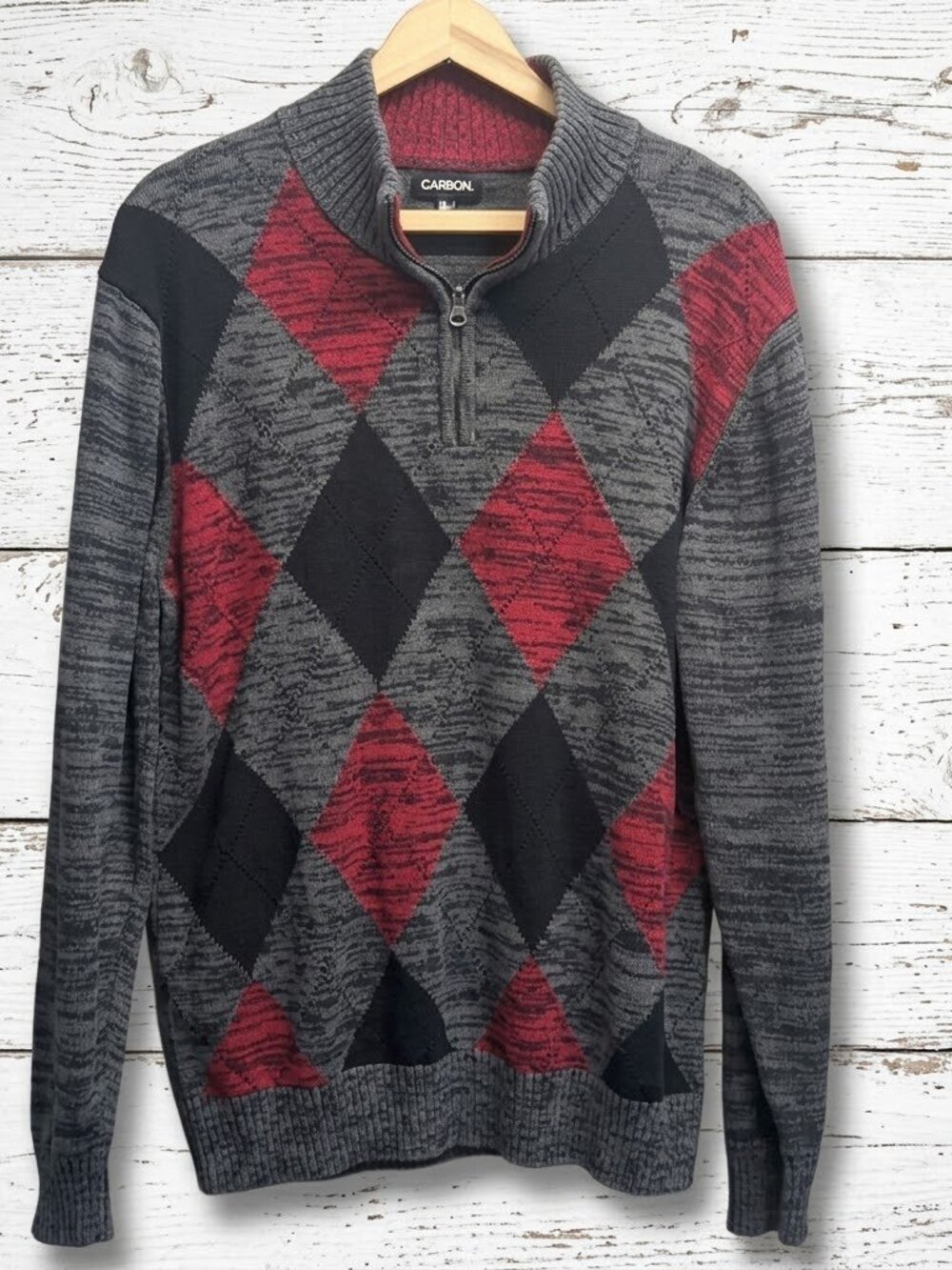 Carbon Men's Red and Black Argyle Pullover 1/4 zip Sweater Size XL